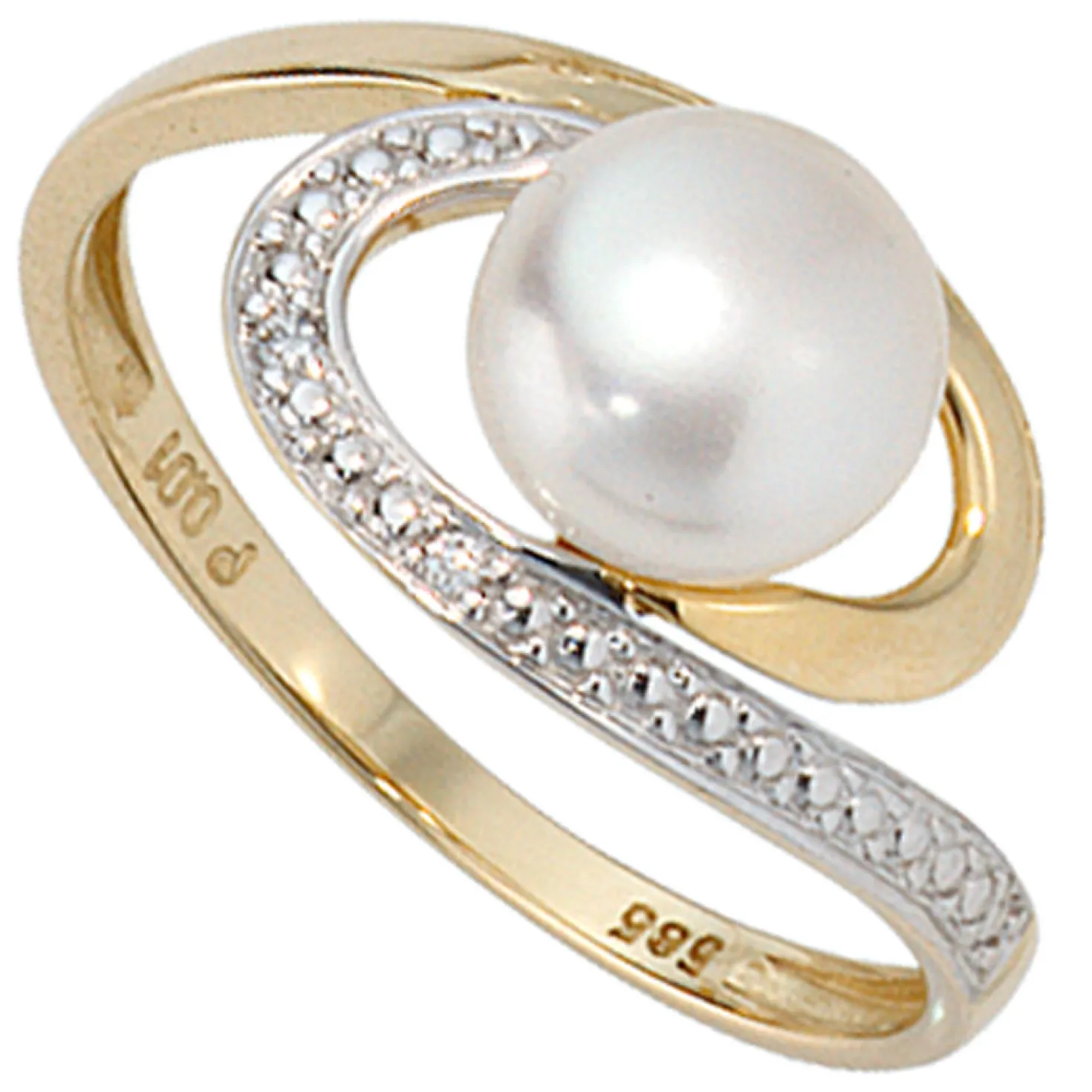 Damenring Zuchtperle & Diamanten 0.01Ct W/P1 Brillanten 585 Gold Gelbgold
