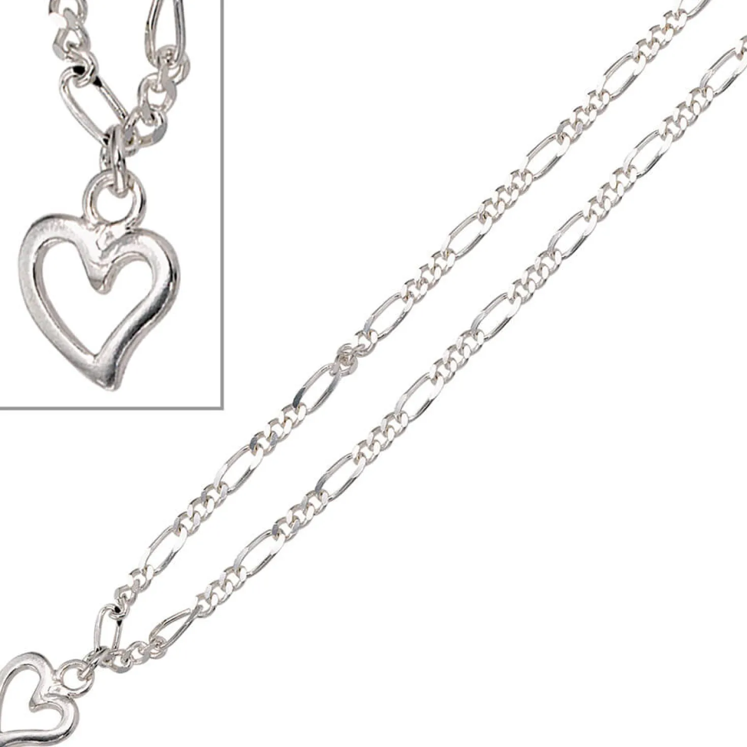 Fußkettchen Figarokette Fußkette Fußschmuck Herz aus 925 Silber 25cm