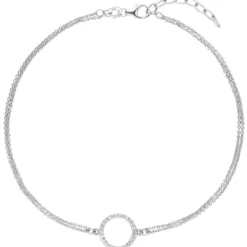 Fußkettchen Fußkette mit Kreis 925 Silber 2-reihig 24 Zirkonia 26cm Fußschmuck