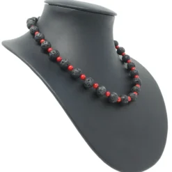 Halskette aus Lava & Koralle schwarz-rot 925 Silber 51cm Collier Halsschmuck