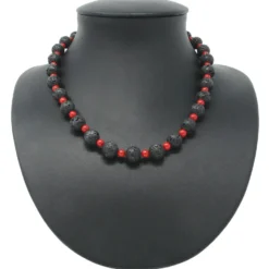 Halskette aus Lava & Koralle schwarz-rot 925 Silber 51cm Collier Halsschmuck