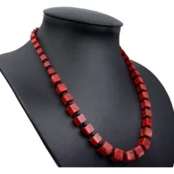 Halskette Collier im Verlauf aus Koralle Würfel Onyx 925 Silber rot-braun schwarz