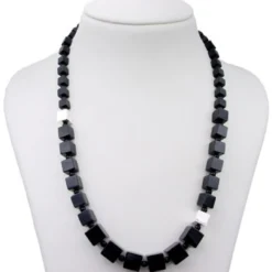 Halskette Collier im Verlauf aus Onyx schwarz 925 Silber rhodiniert Würfel 50cm