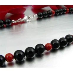 Halskette Kette aus Onyx & Koralle & 925 Silber, schwarz-rot