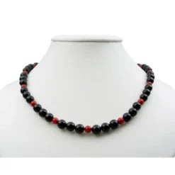 Halskette Kette aus Onyx & Koralle & 925 Silber, schwarz-rot