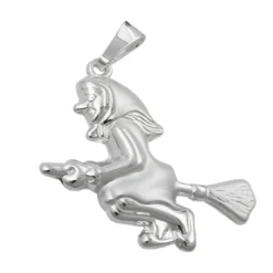 Hexe mit Besen - Anhänger 22x22mm aus echtem 925 Silber Silberanhänger für Damen