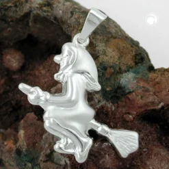 Hexe mit Besen - Anhänger 22x22mm aus echtem 925 Silber Silberanhänger für Damen