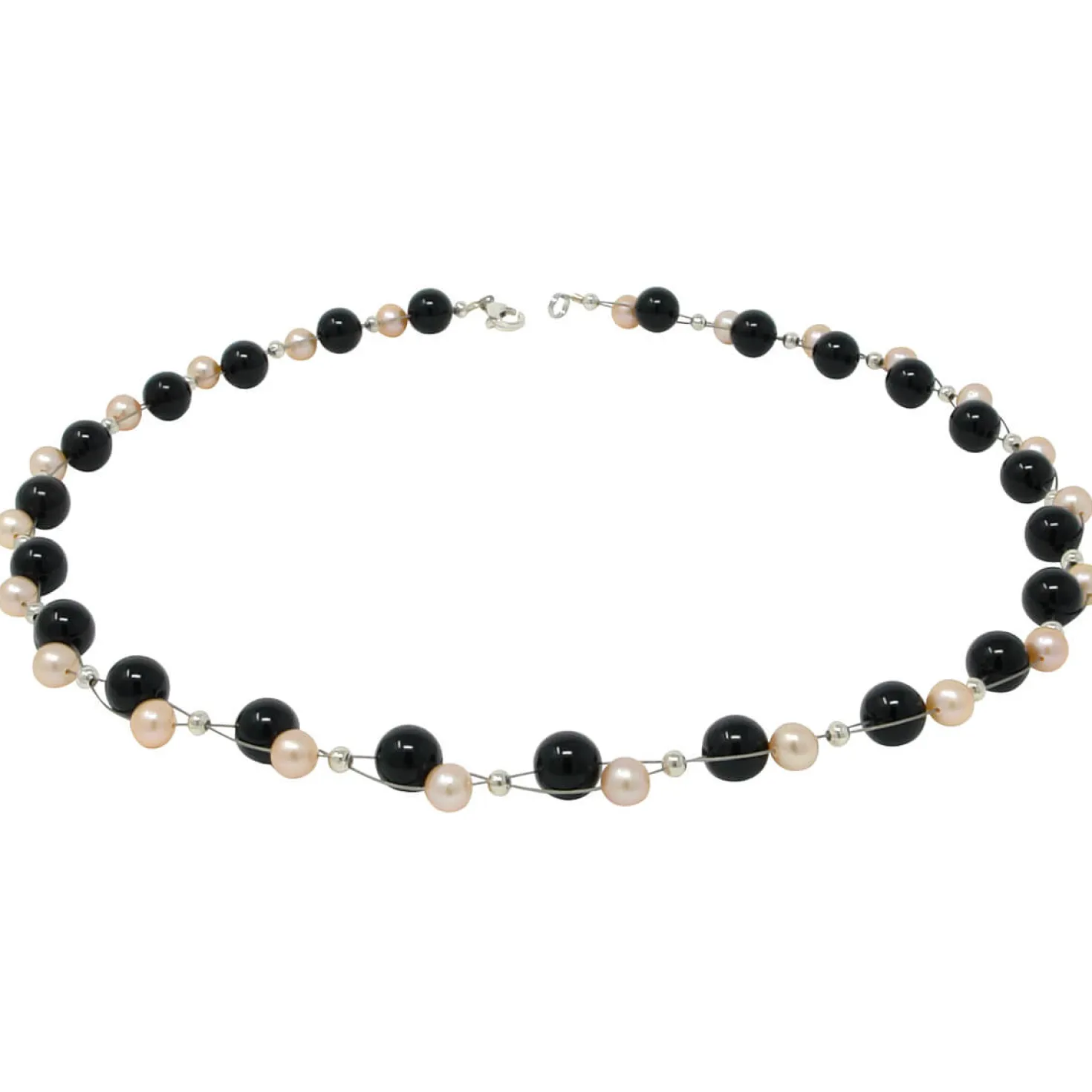 Kette Collier aus echten Perlen & Onyx, rose schwarz, für Damen