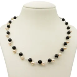 Kette Collier aus echten Perlen & Onyx, rose schwarz, für Damen