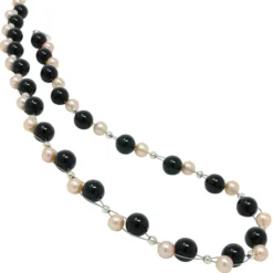 Kette Collier aus echten Perlen & Onyx, rose schwarz, für Damen