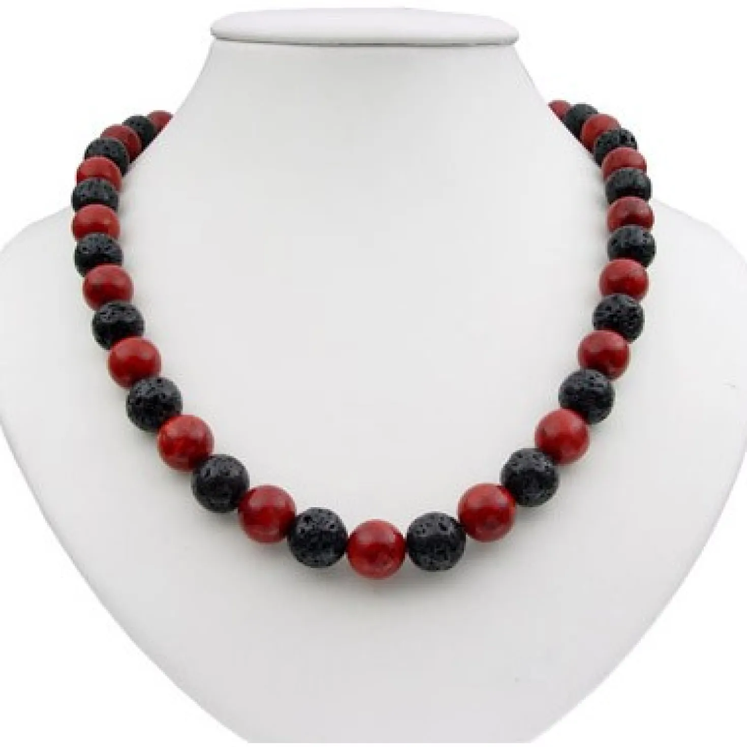 Kette Collier aus Koralle & Lava & 925 Silber, schwarz braun-rot