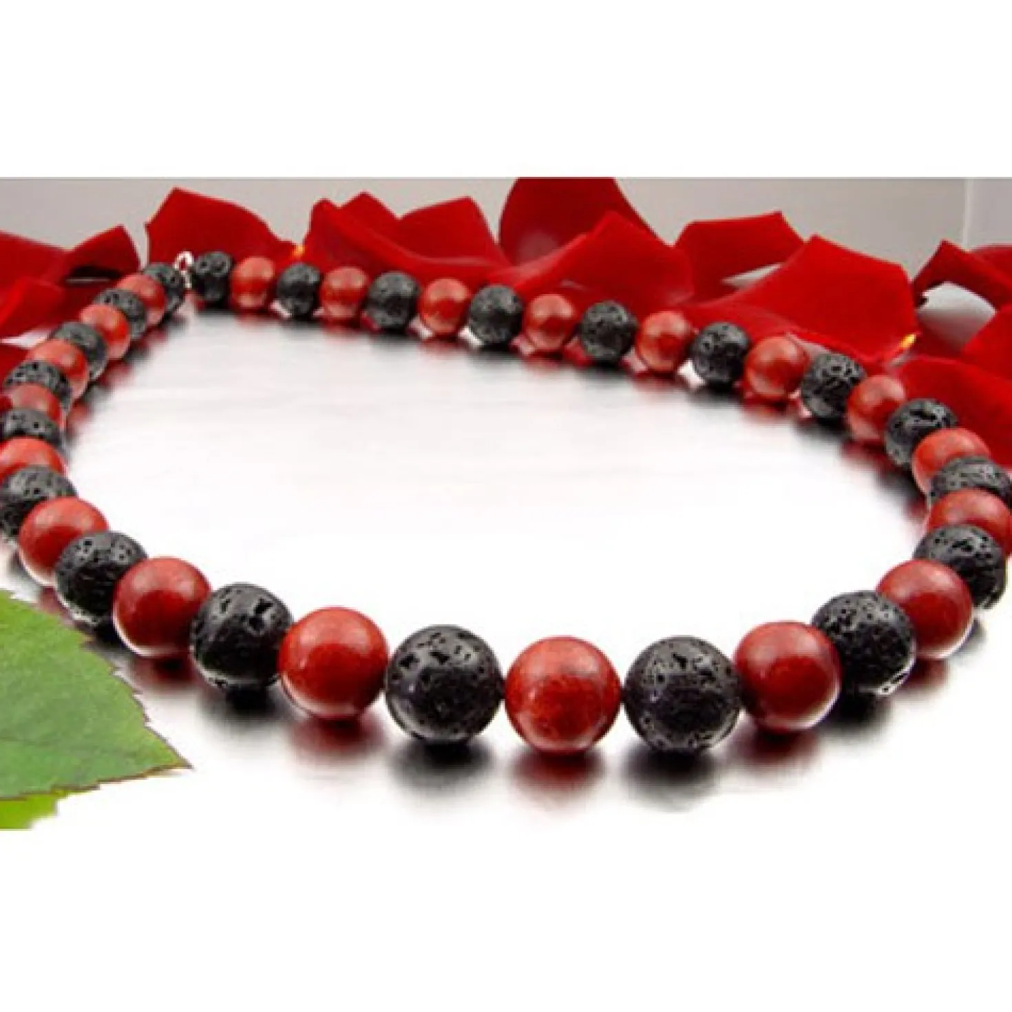 Kette Collier aus Koralle & Lava & 925 Silber, schwarz braun-rot