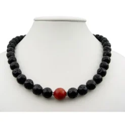 Kette Collier aus Lava & Schaumkoralle, schwarz-rot, 925 Silber