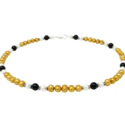 Kette Collier aus Perlen Süßwasser-Zuchtperlen & Onyx gelb-schwarz-weiß 48cm