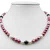 Kette Collier aus Perlen Süßwasser-Zuchtperlen & Onyx pflaume-schwarz-weiß 47cm