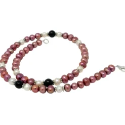Kette Collier aus Perlen Süßwasser-Zuchtperlen & Onyx pflaume-schwarz-weiß 47cm