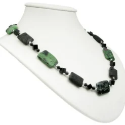 Kette Collier aus Rubin-Zoisit & Lava & Onyx schwarz-grün 925 Silber Halskette