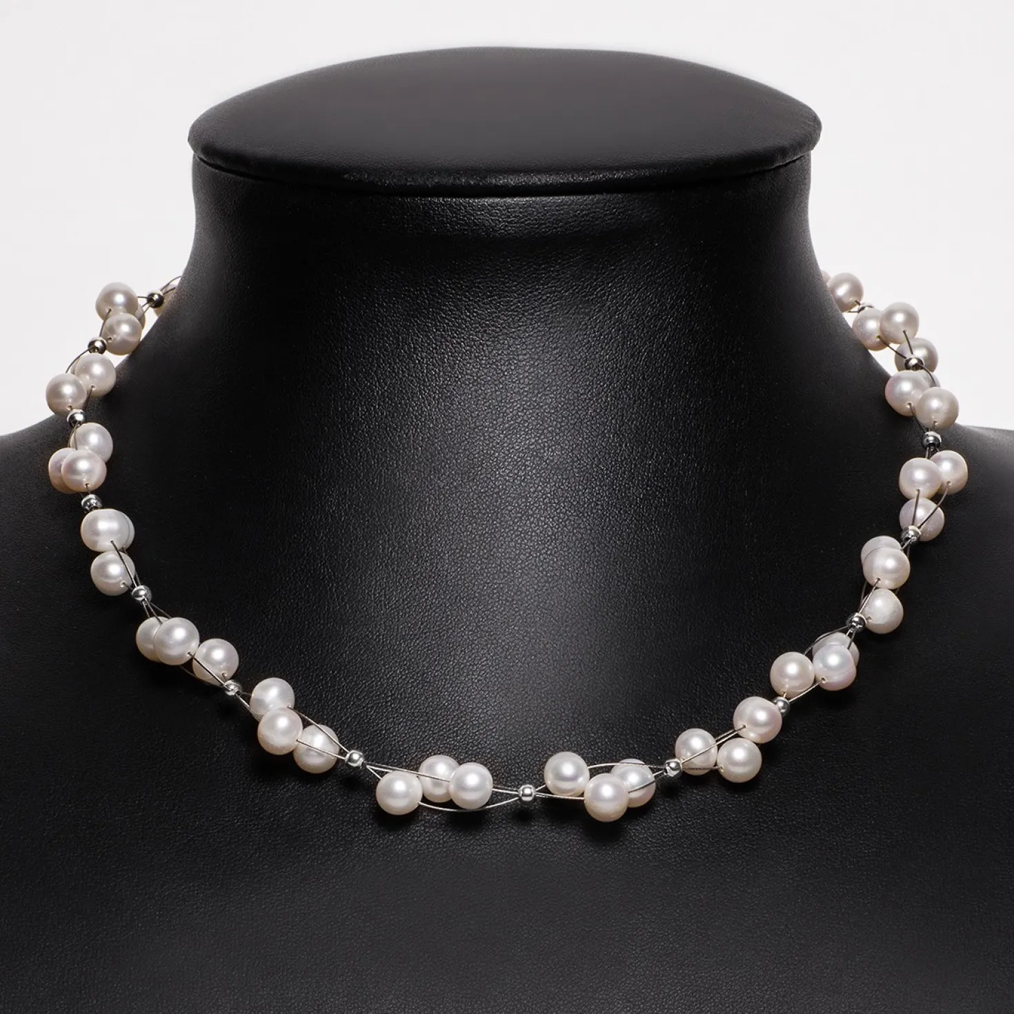 Kette Collier aus Süßwasser Perlen, 3-reihig, creme-weiß, Perlenkette