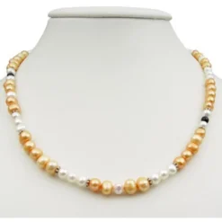 Kette Collier aus Süßwasser Perlen Multicolor aprikose creme-weiß schwarz 49cm