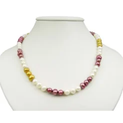 Kette Collier aus Süßwasser Perlen Multicolor creme-weiß gold pflaume bunt 49cm