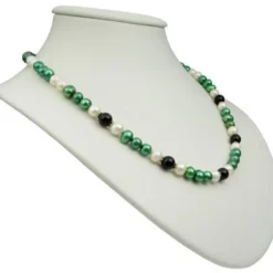 Kette Collier Halskette aus Süßwasser-Perlen & Onyx grün-schwarz-weiß 50cm
