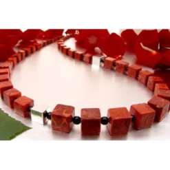 Kette Collier Koralle Würfel & Onyx & 925 Silber rot-braun schwarz Designerkette