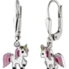 Kinder Ohrhänger 8,1x22,9mm Einhorn aus 925 Silber lila-pink-grün Lackeinlagen