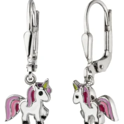 Kinder Ohrhänger 8,1x22,9mm Einhorn aus 925 Silber lila-pink-grün Lackeinlagen