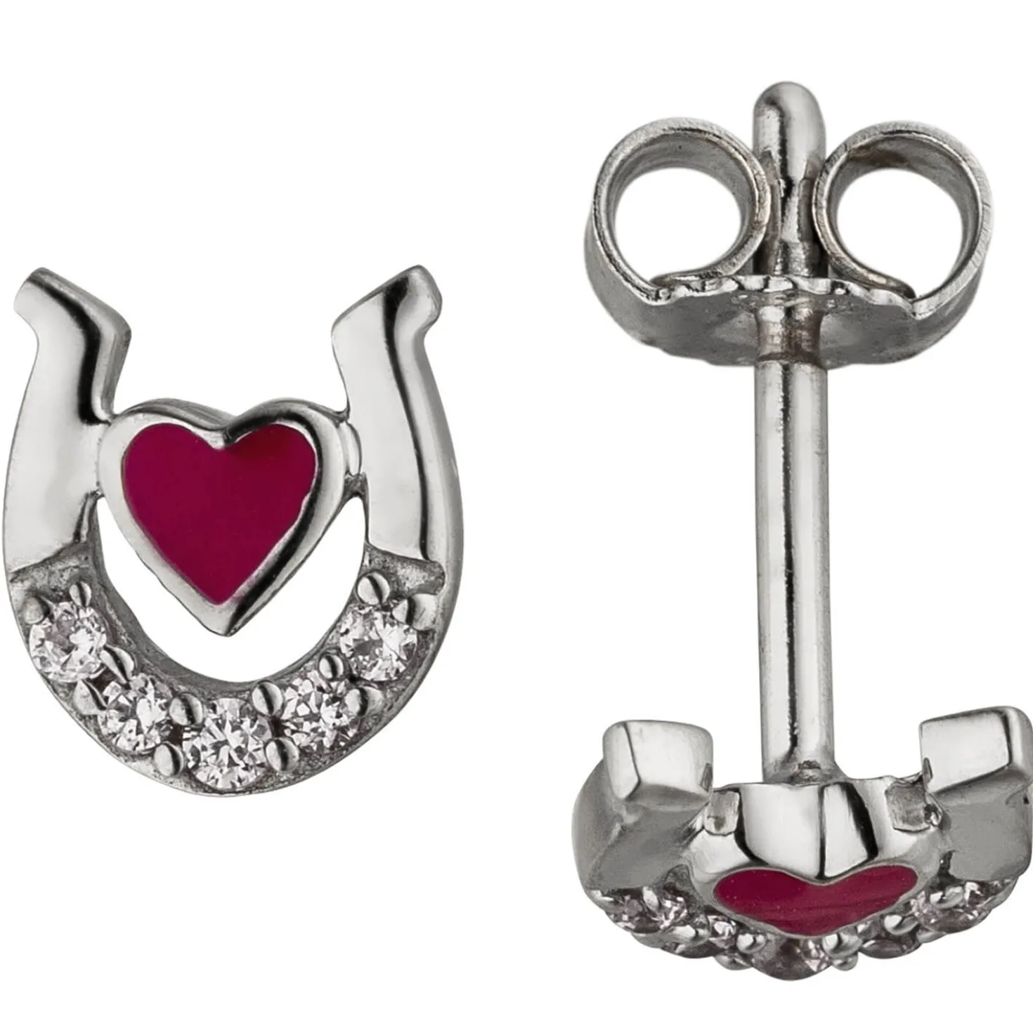 Kinder Ohrstecker Herz rot im Hufeisen mit 10 Zirkonia pink 925 Silber Ohrringe