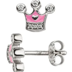 Kinder Ohrstecker Krone rosa mit Zirkonia an Spitzen, 925 Silber, Ohrschmuck