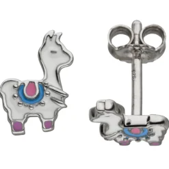 Kinder Ohrstecker Lama aus 925 Silber weiß-pink-blau Lackeinlagen Ohrschmuck