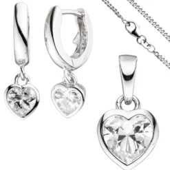 Kinder Schmuck-Set Herz aus 925 Silber mit Zirkonia Anhänger Ohrringe Kette 42cm