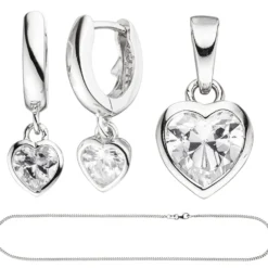 Kinder Schmuck-Set Herz aus 925 Silber mit Zirkonia Anhänger Ohrringe Kette 42cm