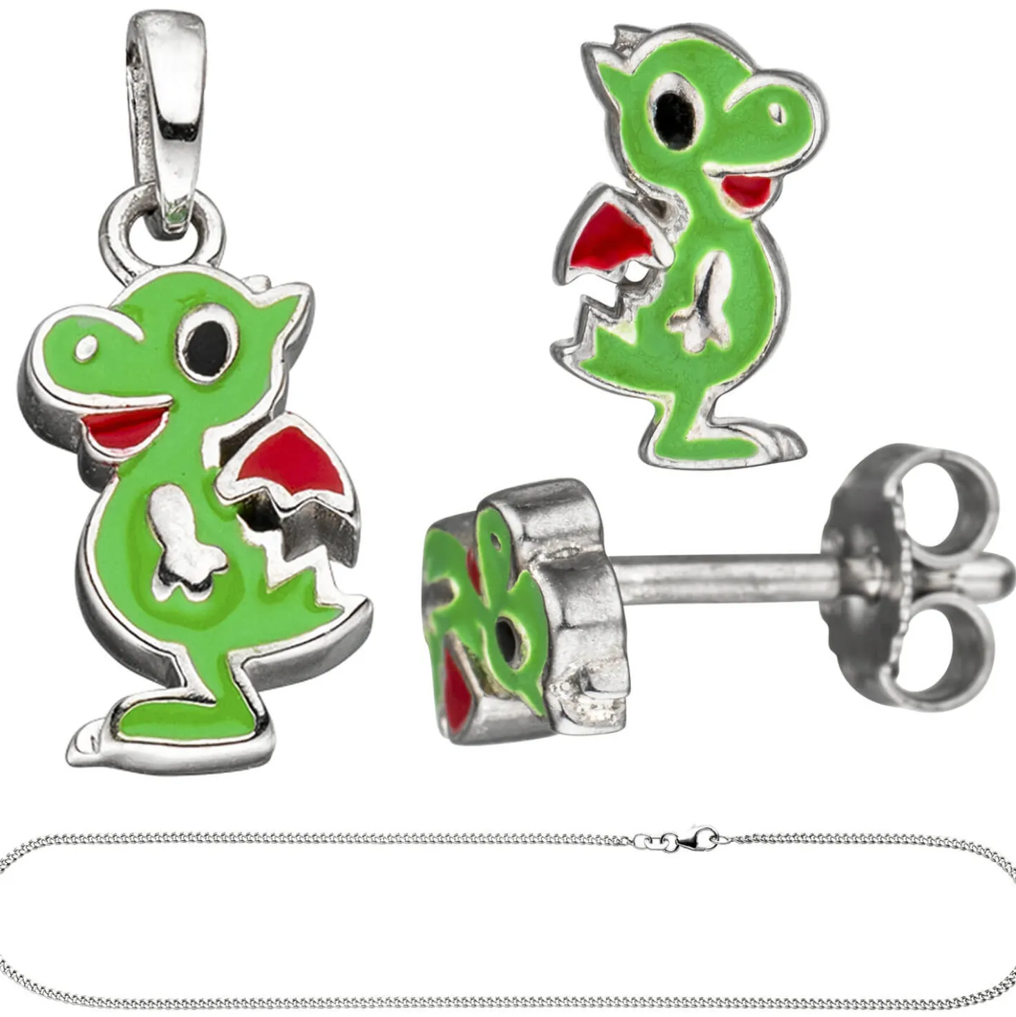 Kinder Schmuck-Set kleiner Drache aus 925 Silber grün lackiert mit Kette 38cm