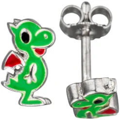 Kinder Schmuck-Set kleiner Drache aus 925 Silber grün lackiert mit Kette 38cm
