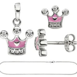 Kinder Schmuck-Set Krone pink rosa 925 Silber Zirkonia mit Kette 42cm