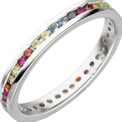 Memory Ring aus 925 Silber rhodiniert mit bunten Zirkonia multicolor rundum