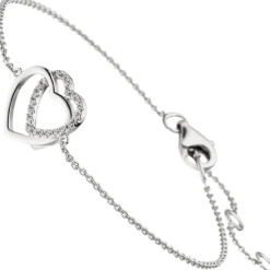 1,1mm Armband Armkette, 2 Herzen mit Zirkonia 925 Silber rhodiniert, 15-18,5cm
