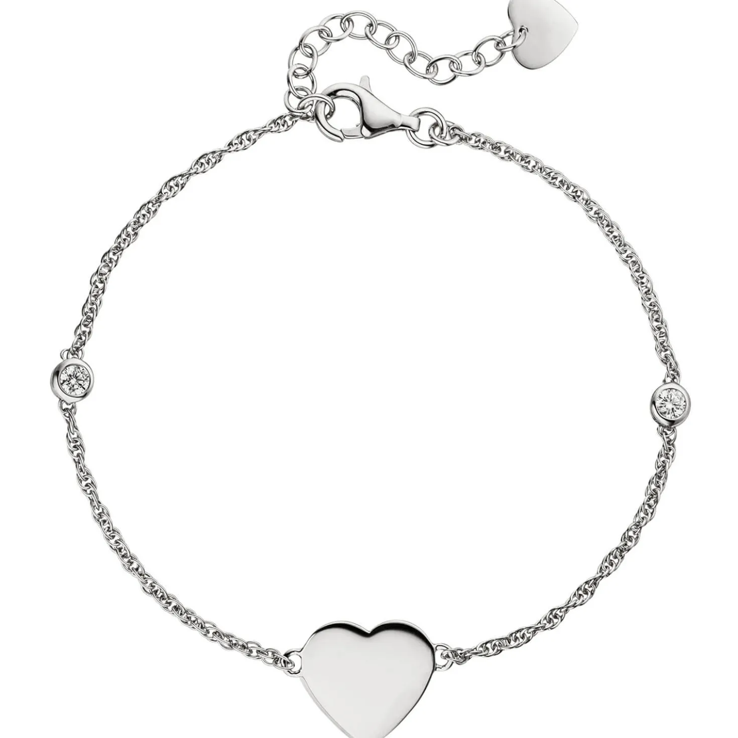 1,8mm Armband Armkette, Herz mit weißen Zirkonia, 925 Silber rhodiniert, 19-22cm