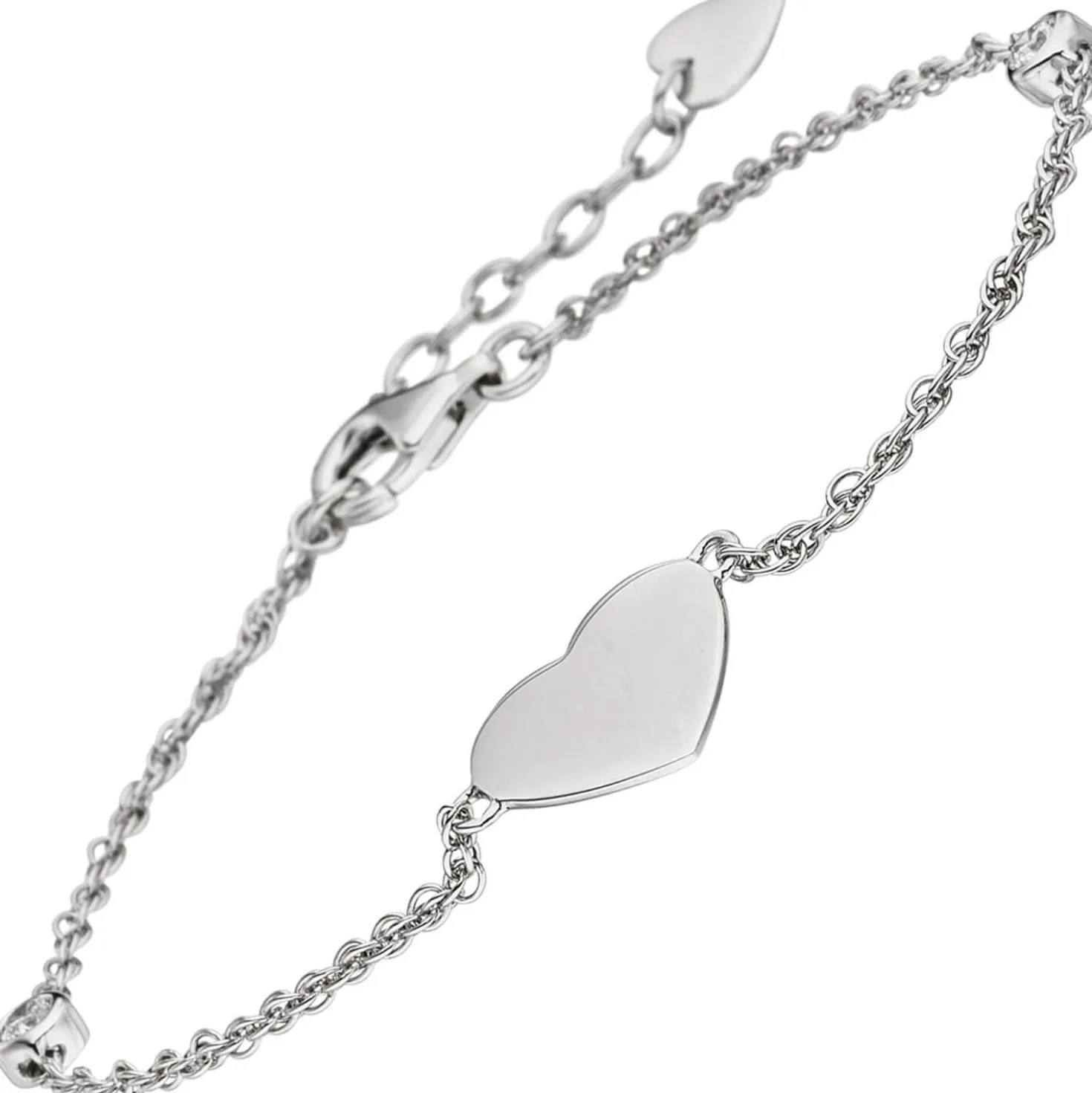 1,8mm Armband Armkette, Herz mit weißen Zirkonia, 925 Silber rhodiniert, 19-22cm