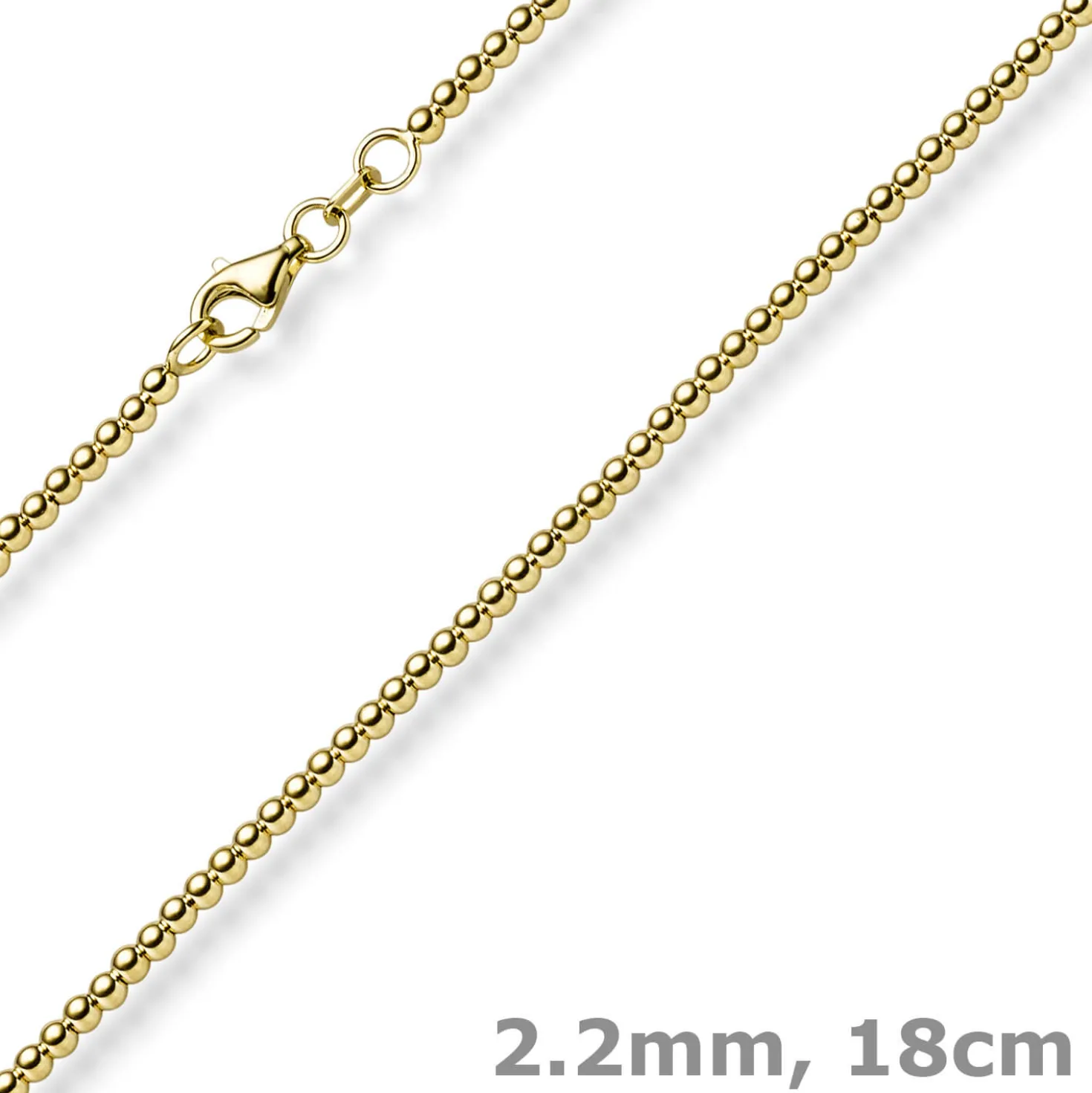 2,2mm Armband Kugelkette aus 585 Gold Gelbgold glatt poliert 18cm
