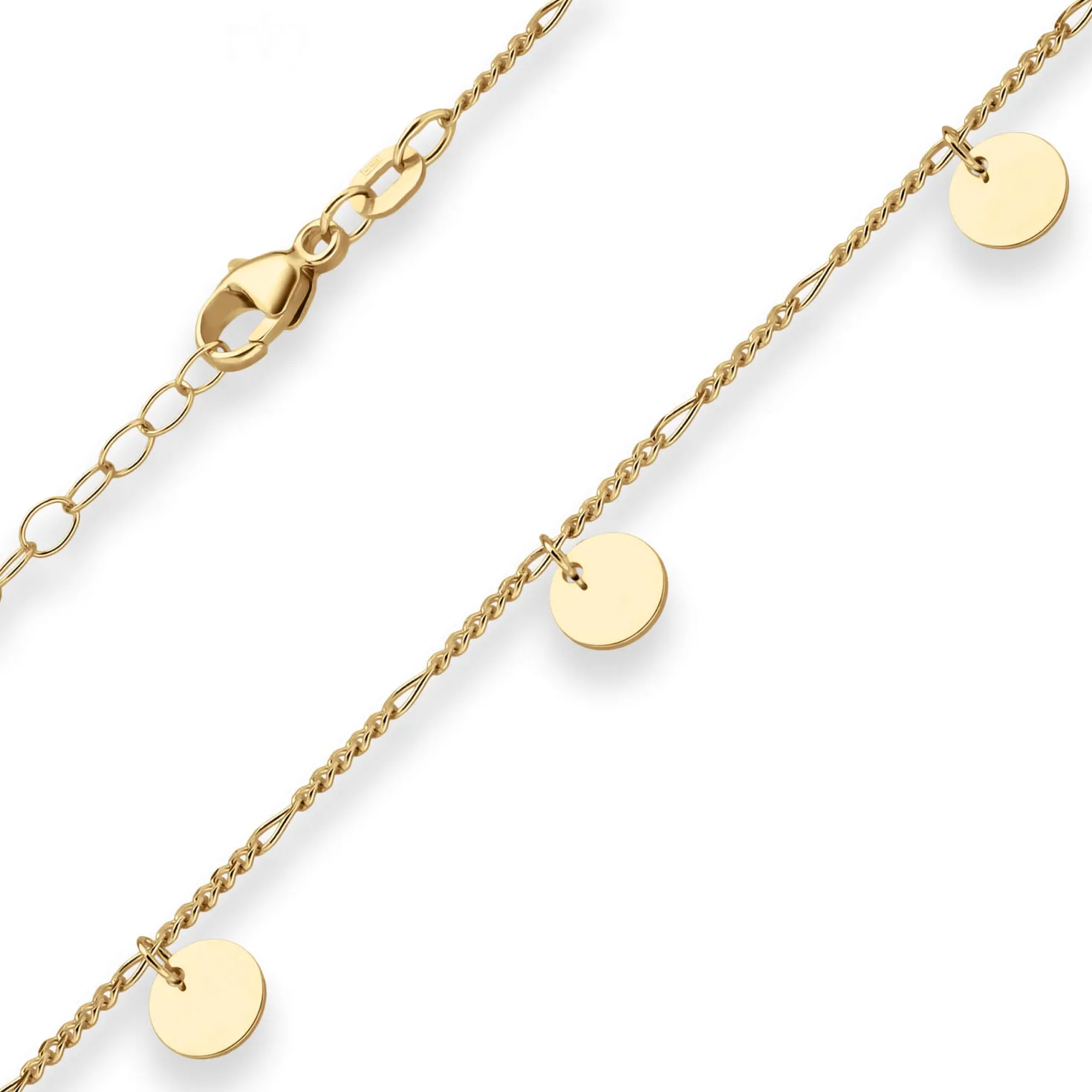 1,6mm Figarokette diamantiert Collier 7 runde Plättchen aus 375 Gelbgold 38-43cm