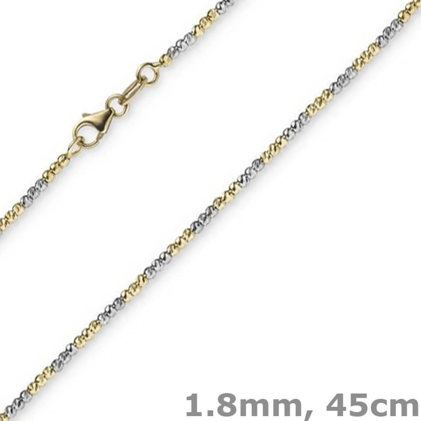 1,8mm Kette Collier Kugelkette diamantiert aus 750 Gold Gelbgold Weißgold, 45cm