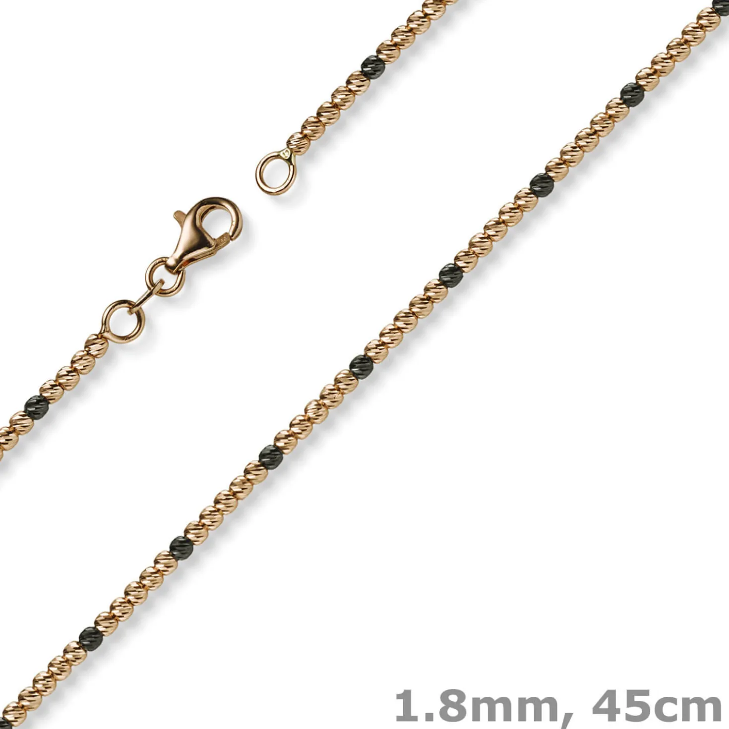 1,8mm Kette Collier Kugelkette 750 Gold Rotgold teil-schwarz-rhodiniert 45cm