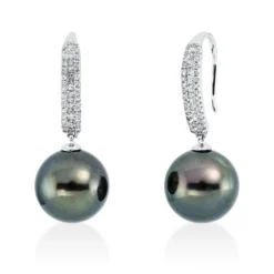 Ohrhänger aus 750 Weißgold 2 Tahiti-Perlen 11mm grün 92 Diamanten 0,36ct