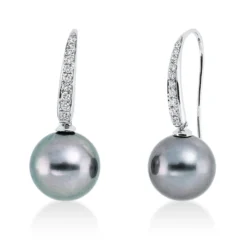 Ohrhänger aus 750 Weißgold 2 Tahiti-Perlen 10mm grau 20 Brillanten 0,16ct W-SI