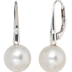 Ohrhänger 8,7x21,7mm Boutons Süßwasser Zuchtperlen & 2 Brillanten 585 Weißgold