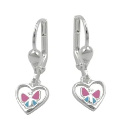 Ohrringe Brisur Herz mit Schmetterling pink blau 925 Silber Kinder