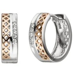 Ohrringe Creolen 15,6x5,1mm mit 10 Zirkonia weiß 925 Silber vergoldet bicolor