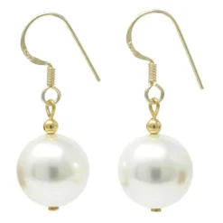 Ohrringe Kugel-Ohrhänger Muschelkernperlen 14mm 925 Silber vergoldet, creme-weiß